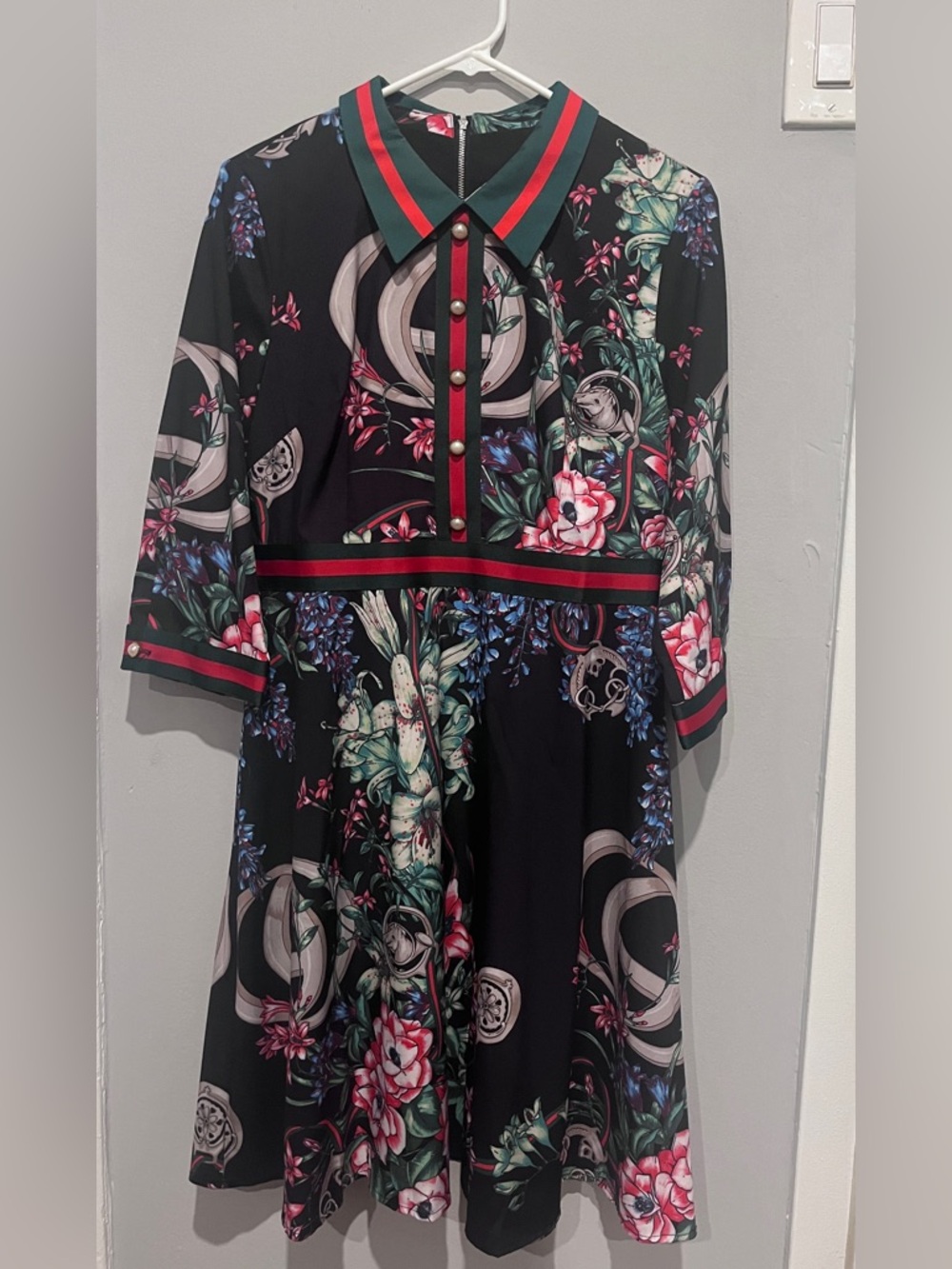 Women's Floral Print Midi Dress with 3/4 Sleeves and Buttons.